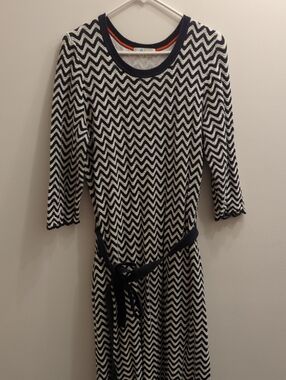 Boden Navy And White Chevron Knit Dress With Tie Belt, Women's US 20/22